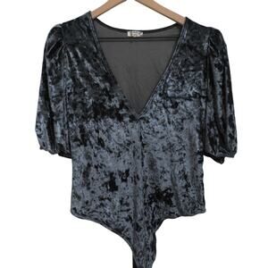 Free People Womens Sz M Gray Don't You Wish Velvet Short Puff Sleeve Bodysuit